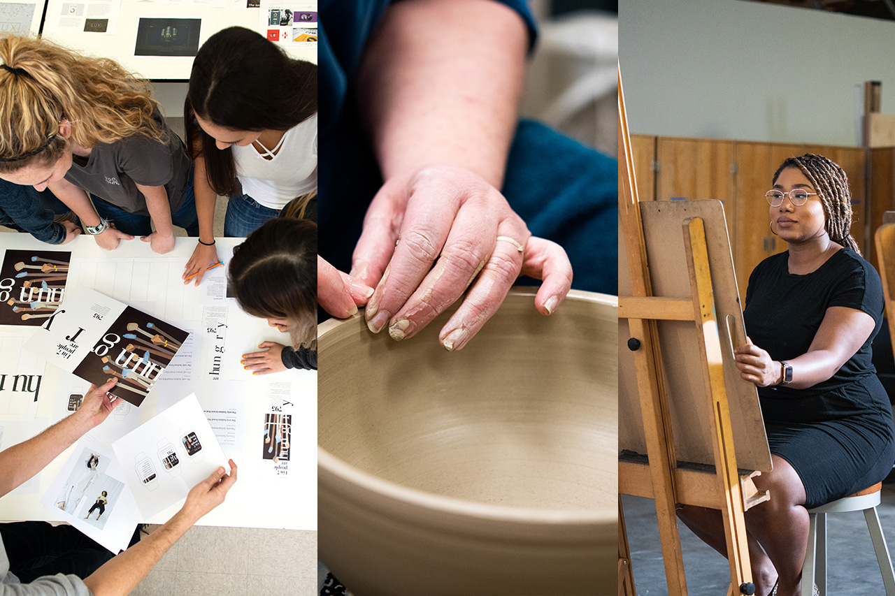 学生们在做平面设计，教授在雕刻碗，学生在画架前画画。