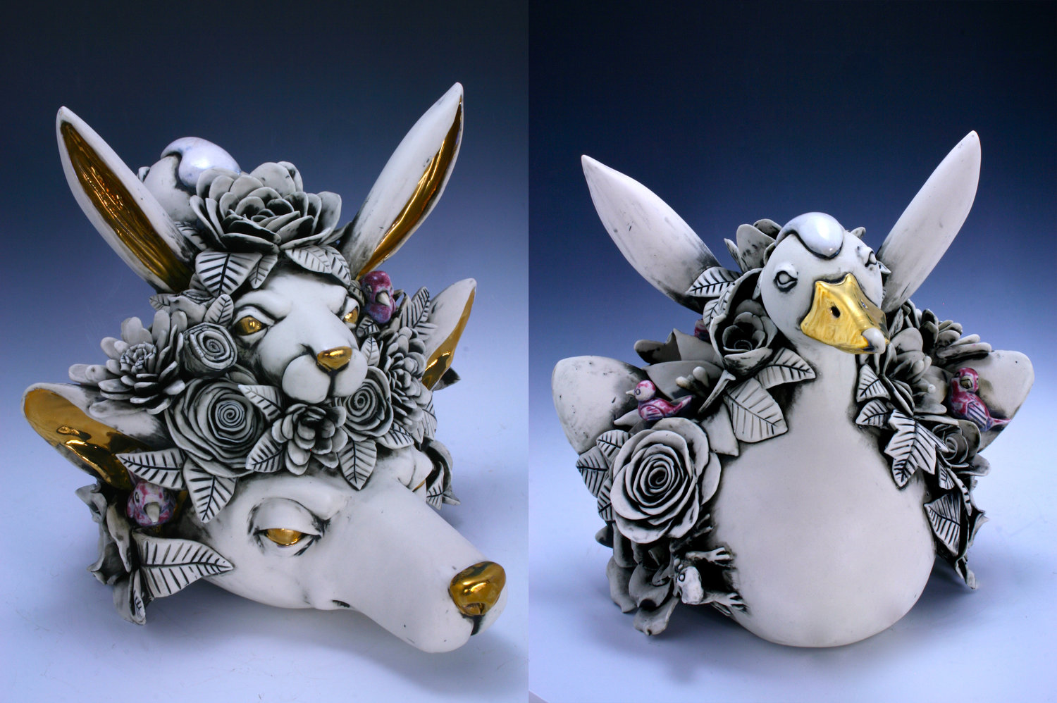 艺术家创作的鹅、兔、狐狸和花动物陶瓷雕塑