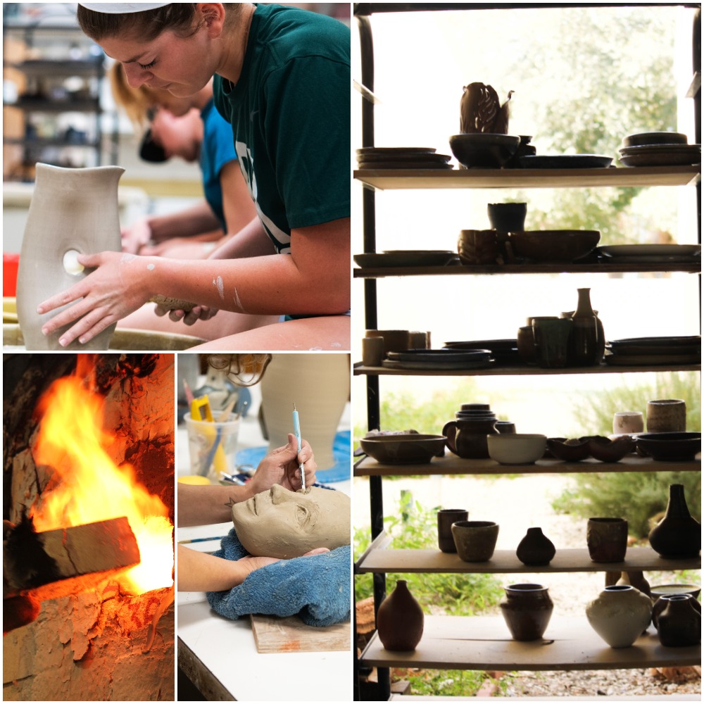 拼贴画的学生工作在陶工的车轮，火焰从一个窑，雕刻技术和推车与陶器。