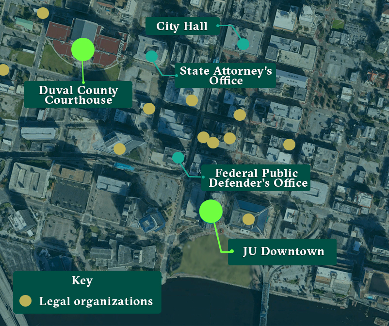 杰克逊维尔市区航拍地图，带有JU市区和杜瓦尔县法院书记官的点
