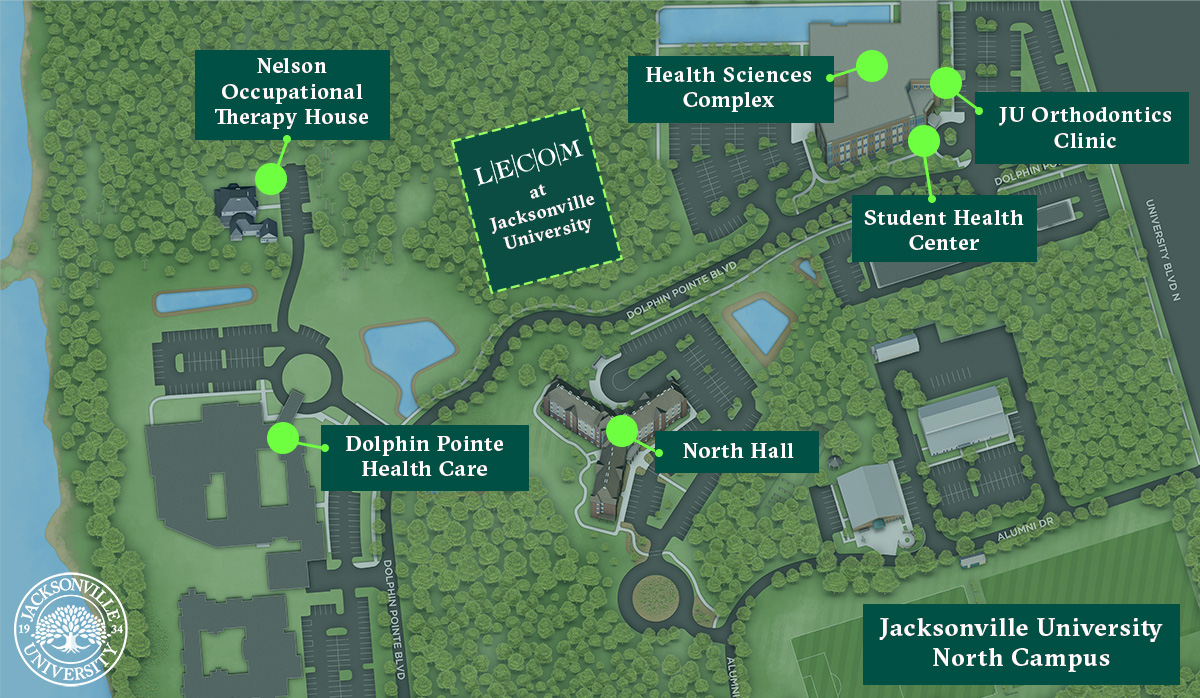 渲染地图的大学校园北端，以显示健康科学大楼