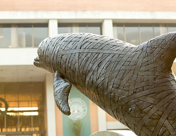 其中一个海豚雕像的背景是霍华德行政大楼。